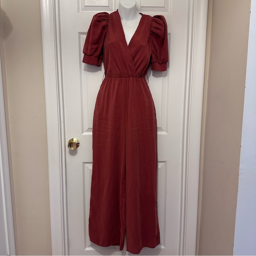 Zara Women's XS Terracotta Jumpsuit Faux Wrap Puff Short Sleeves Wide Leg